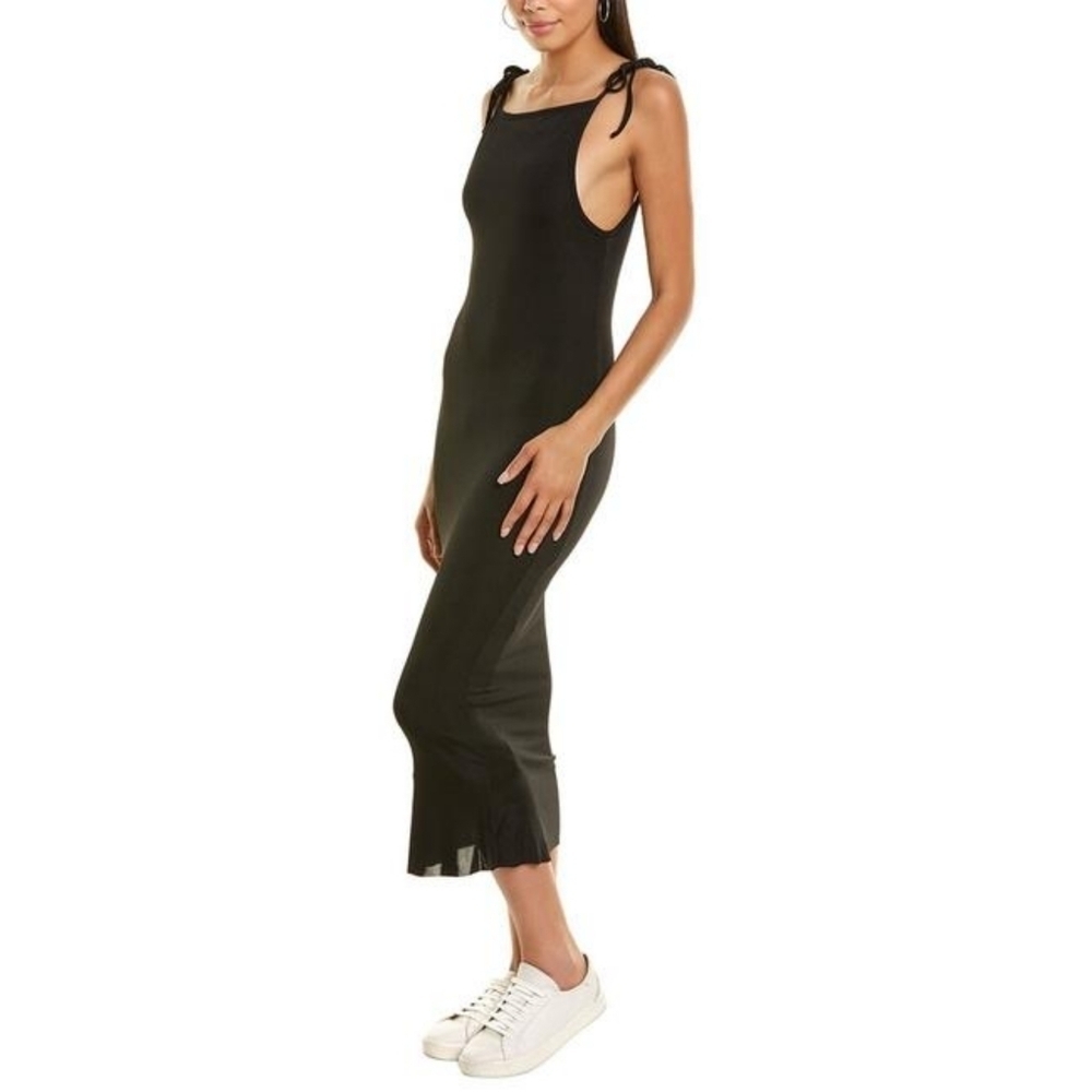 We Wore What Dress Large Black Midi Slinky Tie Sleeve Jersey Bodycon Square Neck